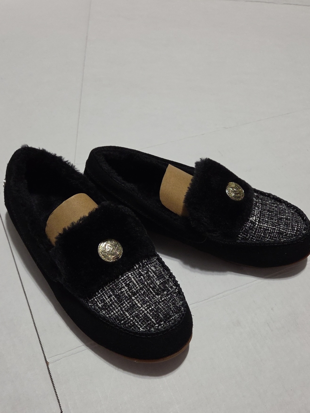Black Faux-Fur Tweed Slip-On Loafers with Gold Button Orginal Packaging.